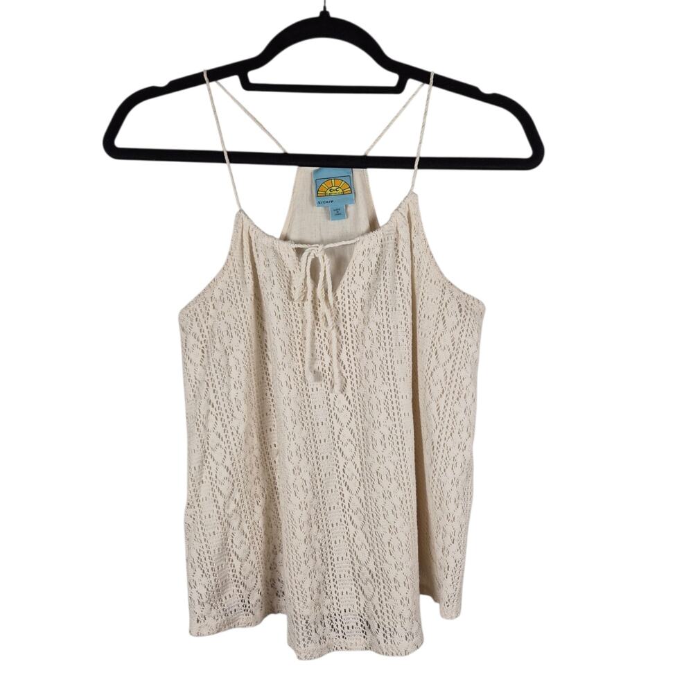 C&C California Sleeveless Open Weave Crochet Knit Top Beige Small Boho Coastal